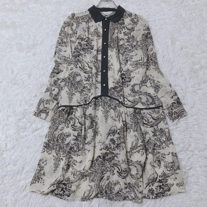 Trois Retro One Piece Waist Switch Gather Beige Allover Pattern Feminine