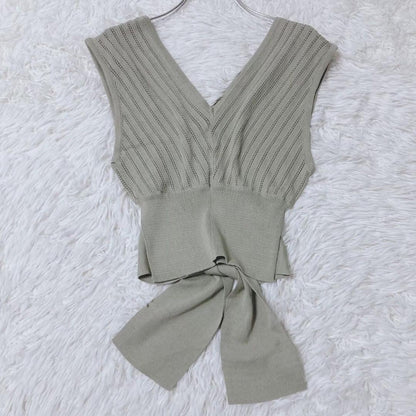 Murua Bustier Knit Vest Khaki Openwork Back Ribbon Layered