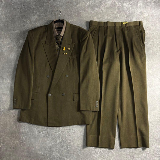 [VINTAGE] Setup double suit khaki yellow finest wool