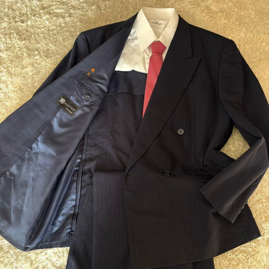 Takashimaya Suit Setup Double Navy Stripe Miyuki Woolen XL Equivalent