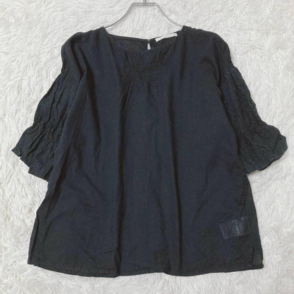 Ehekasopo Lace Blouse Puff Sleeves Front Shirring 100% Cotton Black