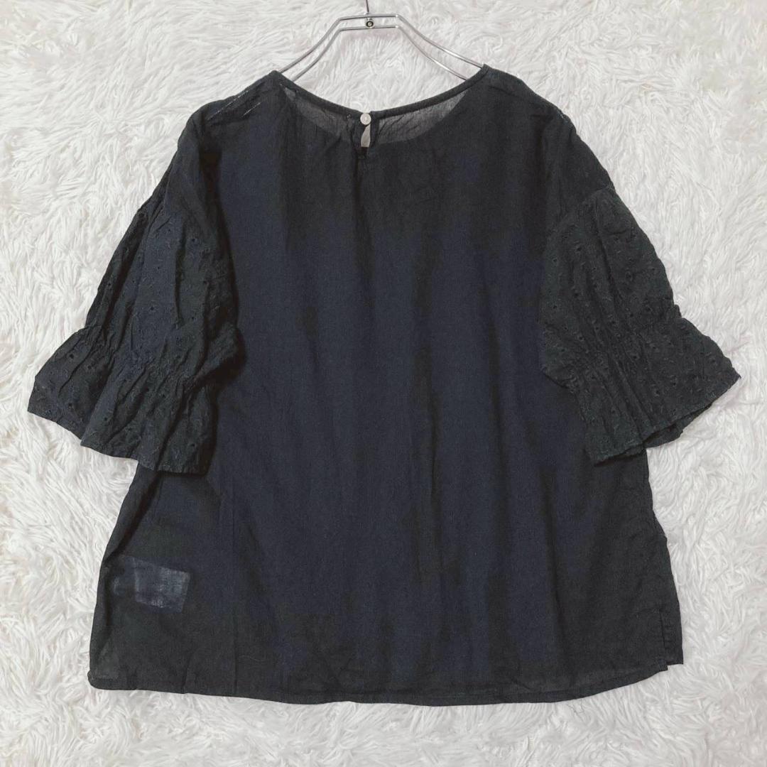 Ehekasopo Lace Blouse Puff Sleeves Front Shirring 100% Cotton Black