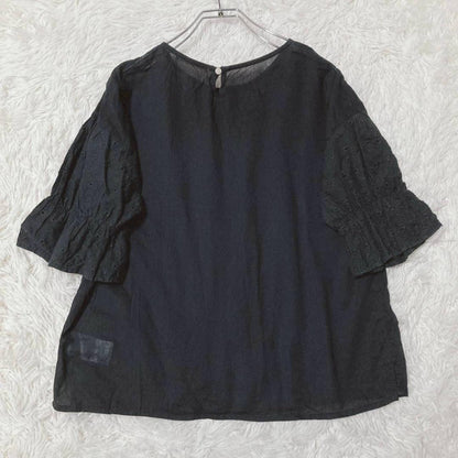 Ehekasopo Lace Blouse Puff Sleeves Front Shirring 100% Cotton Black