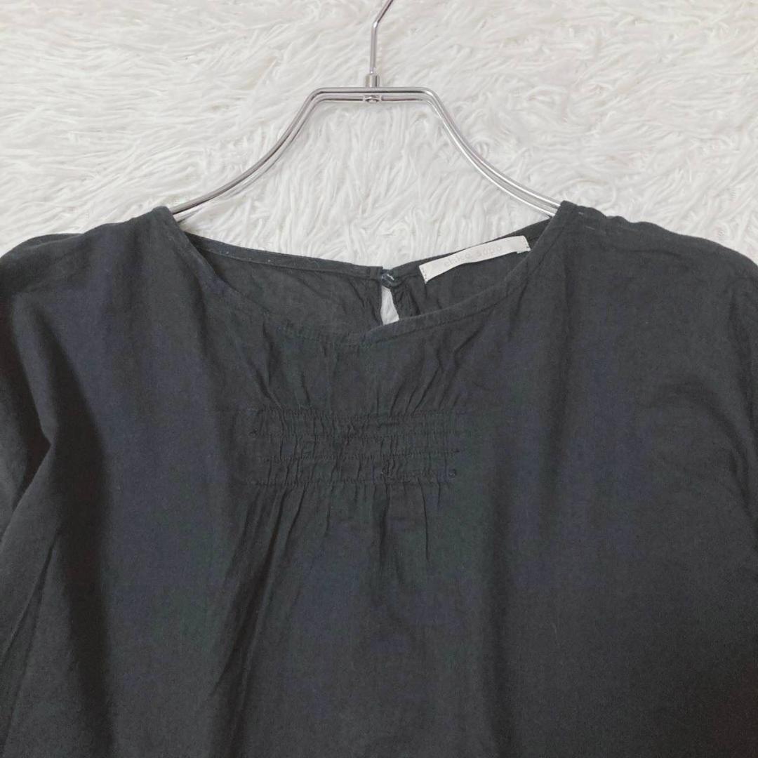 Ehekasopo Lace Blouse Puff Sleeves Front Shirring 100% Cotton Black