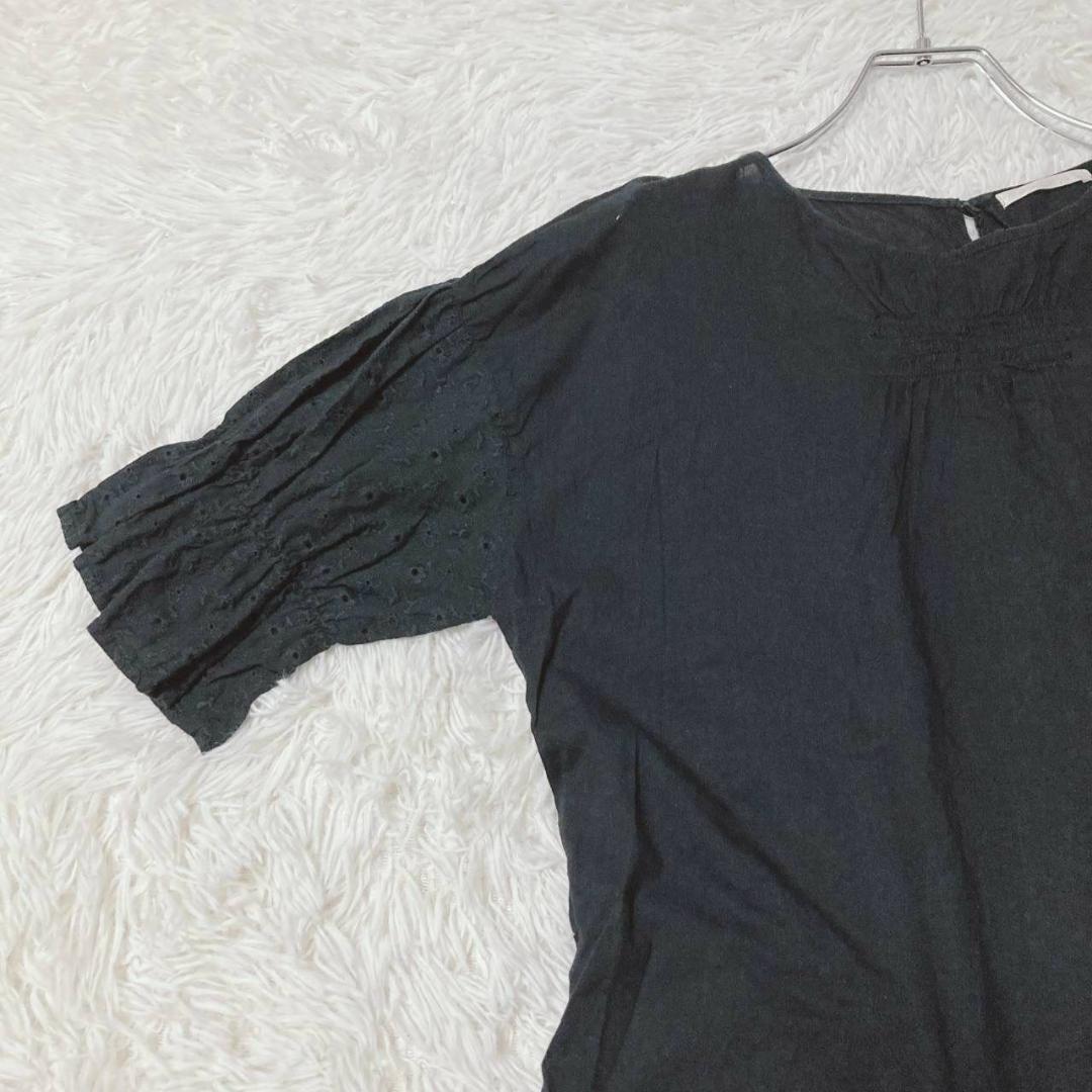 Ehekasopo Lace Blouse Puff Sleeves Front Shirring 100% Cotton Black