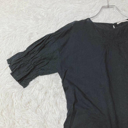 Ehekasopo Lace Blouse Puff Sleeves Front Shirring 100% Cotton Black