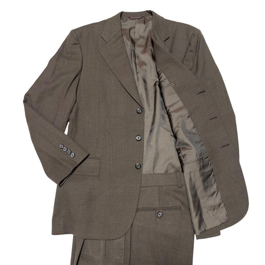 Good Condition Suit Setup Brown 3B Retro Glen Check Made in Japan M