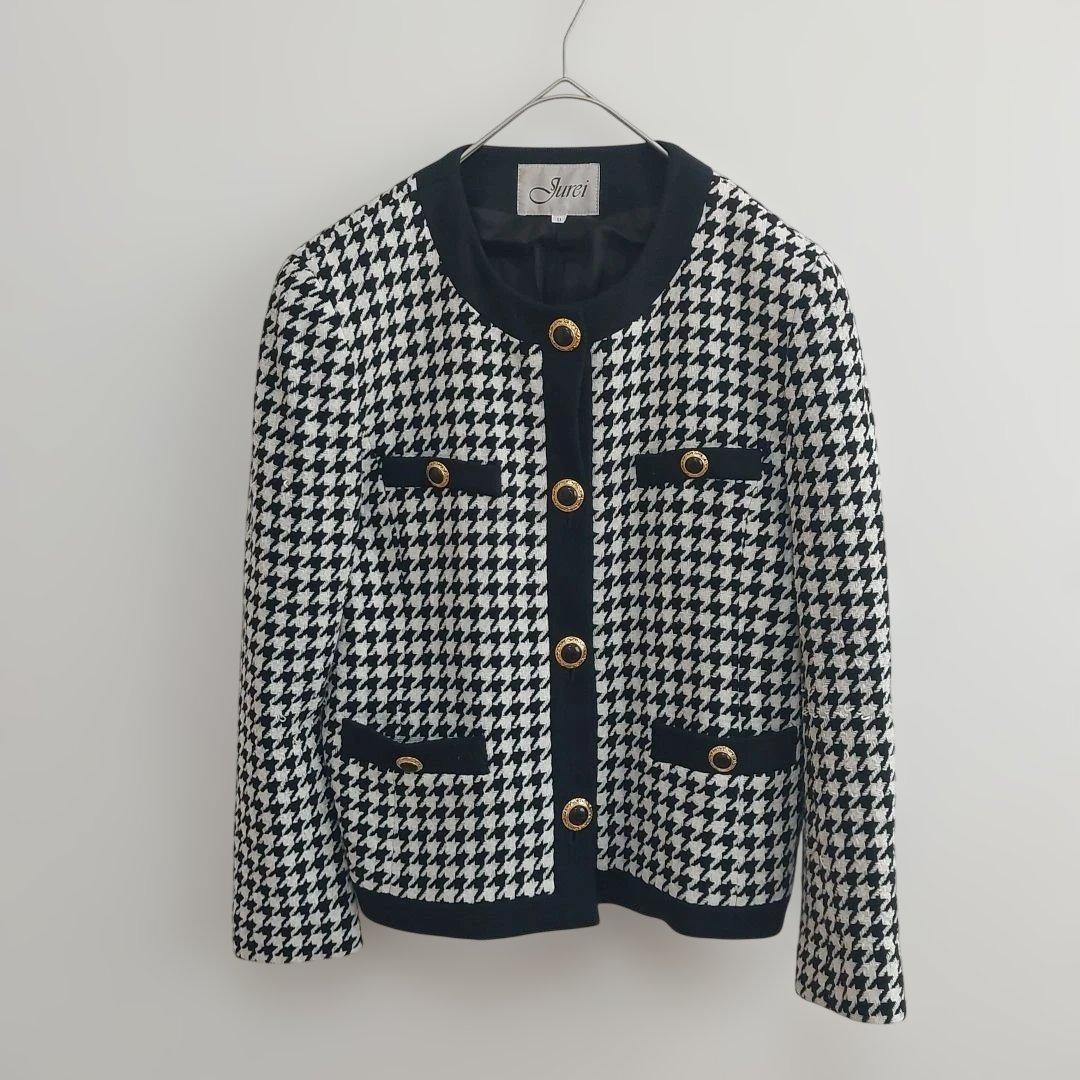 Houndstooth Setup Gold Button M Vintage Retro Collarless Jacket