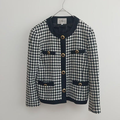 Houndstooth Setup Gold Button M Vintage Retro Collarless Jacket