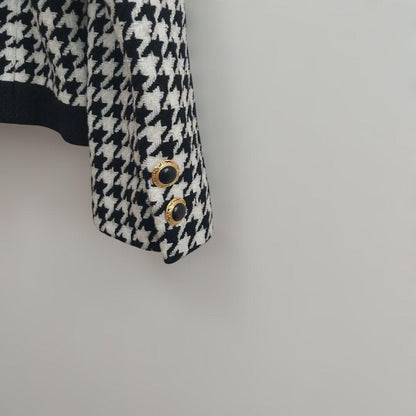 Houndstooth Setup Gold Button M Vintage Retro Collarless Jacket