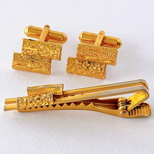 Vintage cufflinks tie pin set gold woodgrain log retro men's