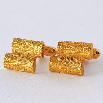 Vintage cufflinks tie pin set gold woodgrain log retro men's