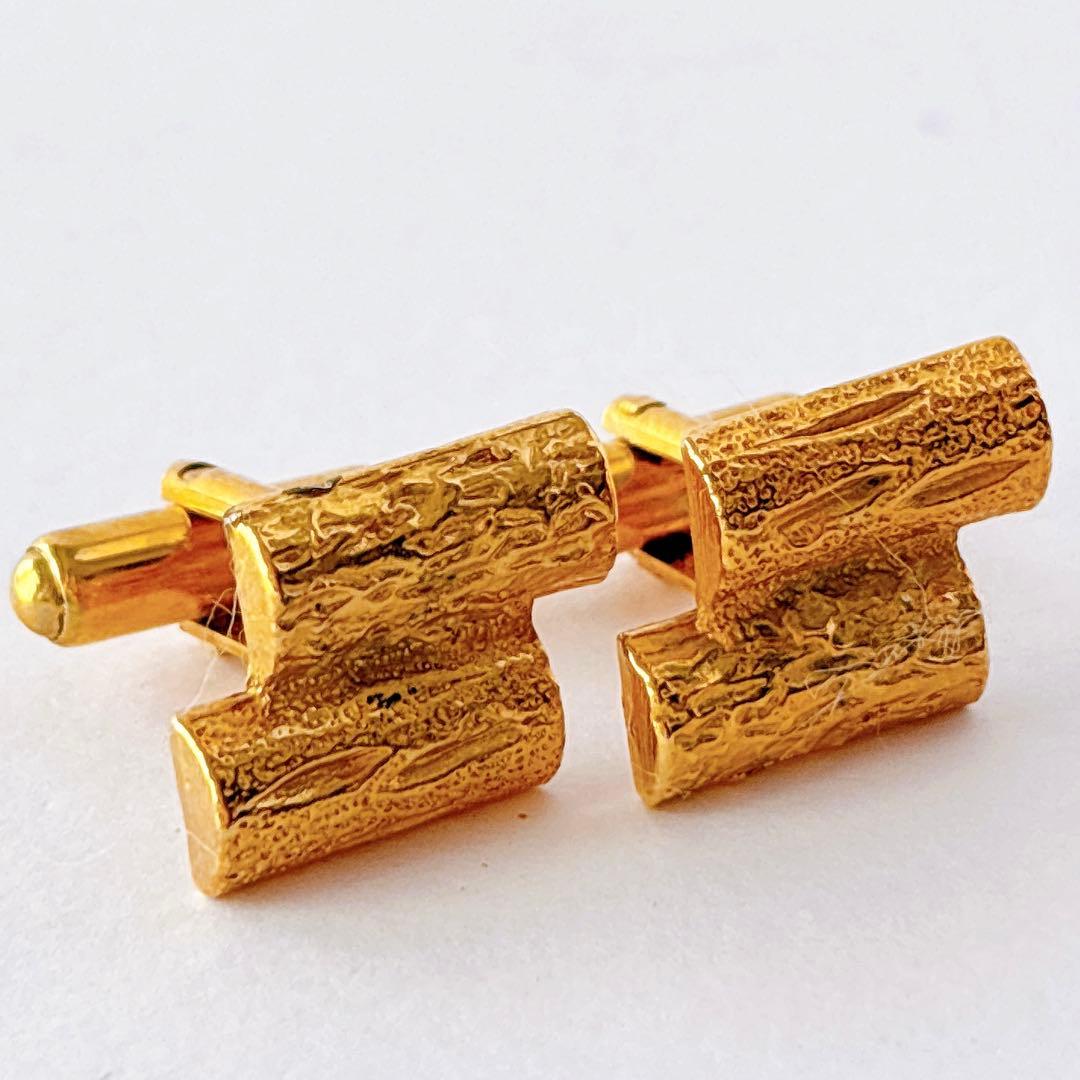 Vintage cufflinks tie pin set gold woodgrain log retro men's