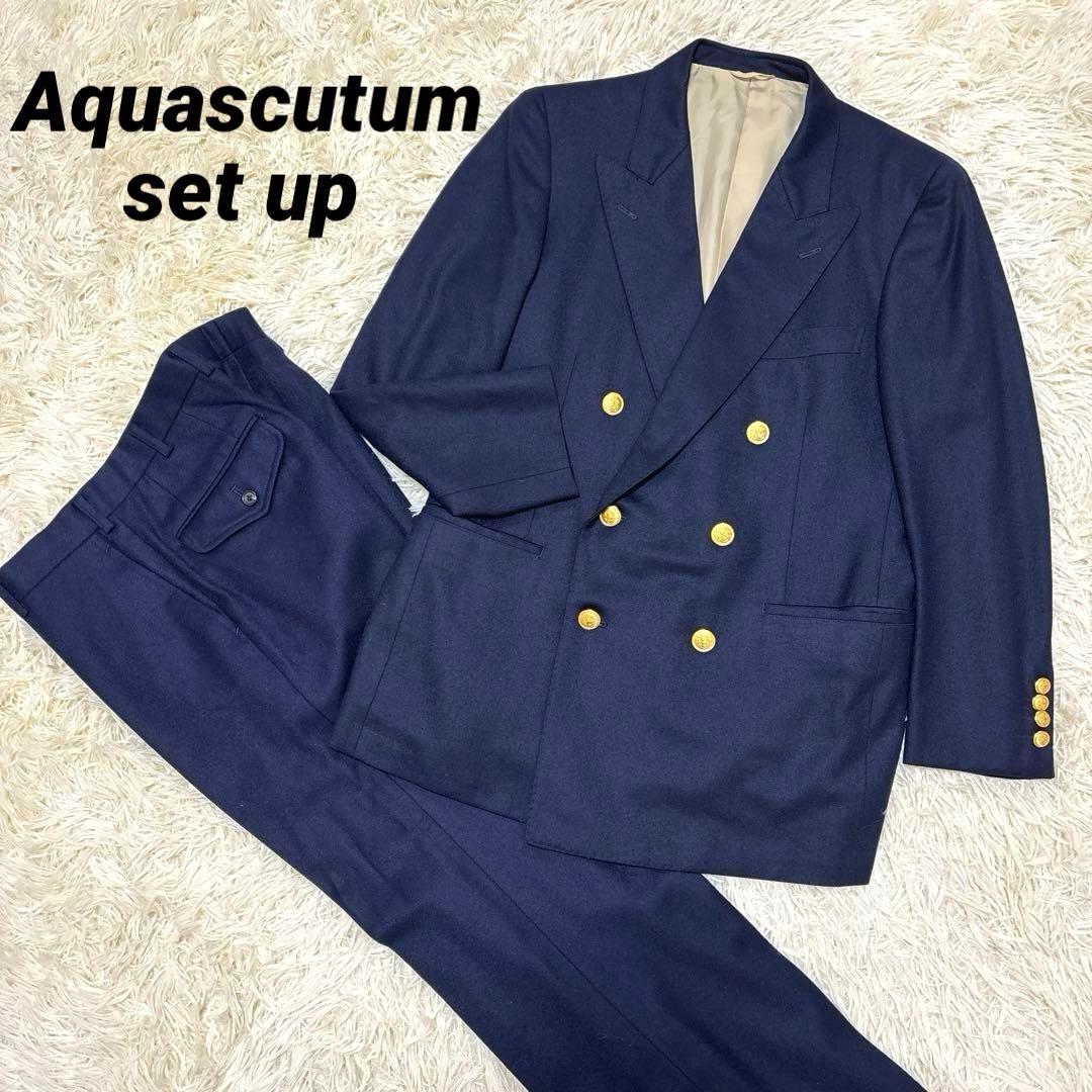 Aquascutum double setup suit wool gold buttons XL
