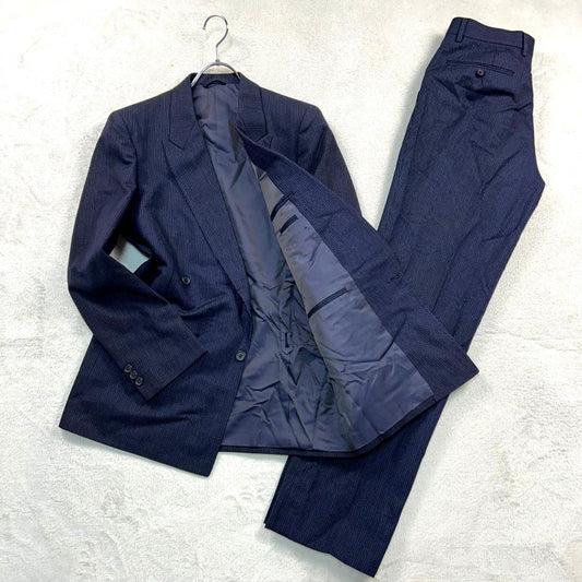 VINTAGE☆Casual suit double breasted setup cotton navy blue