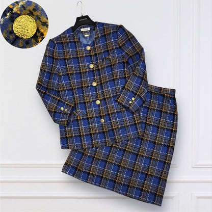 Showa Retro Bubbly Jacket & Skirt Tweed Tartan Gold Button No. 15