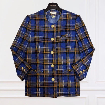 Showa Retro Bubbly Jacket & Skirt Tweed Tartan Gold Button No. 15