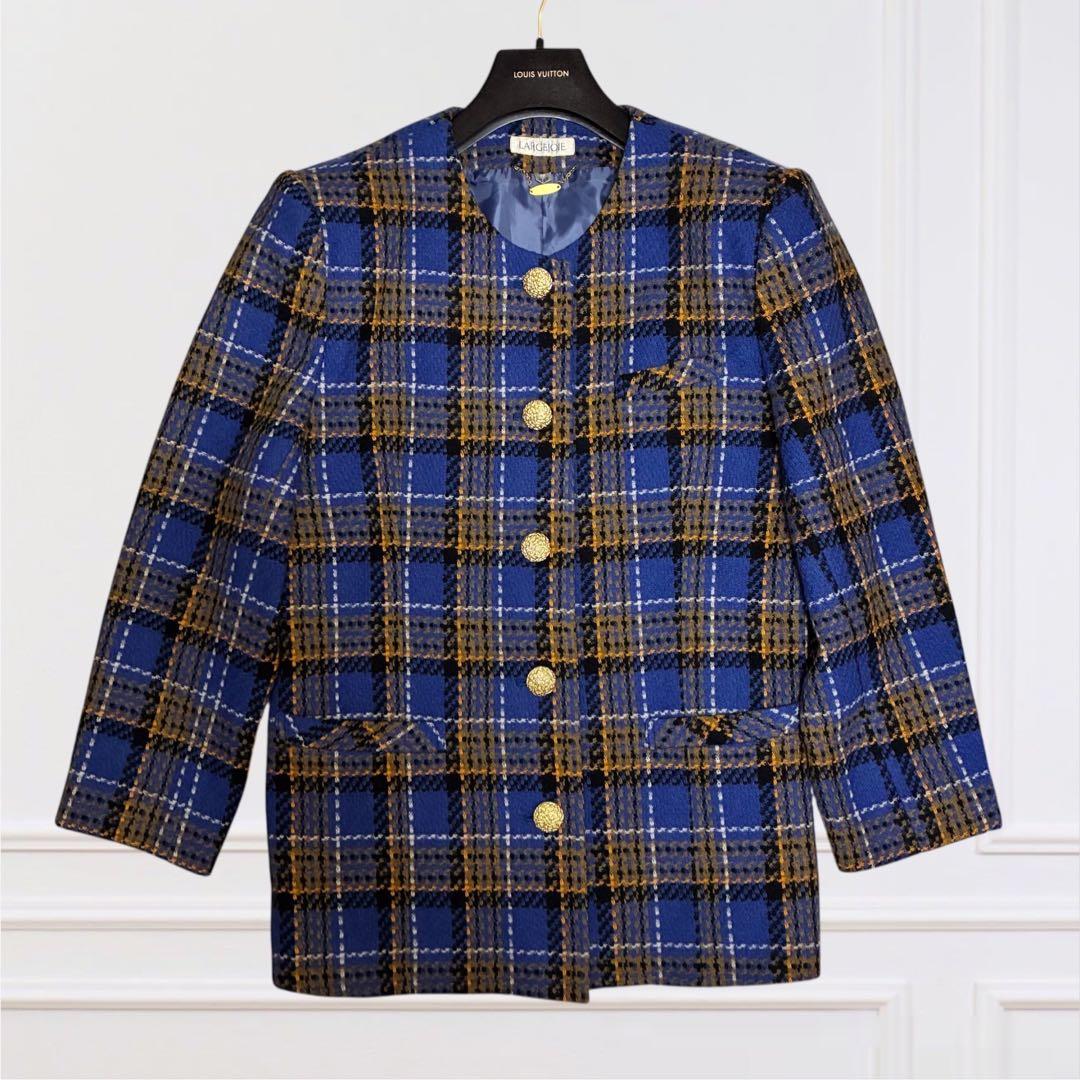 Showa Retro Bubbly Jacket & Skirt Tweed Tartan Gold Button No. 15