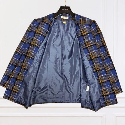Showa Retro Bubbly Jacket & Skirt Tweed Tartan Gold Button No. 15