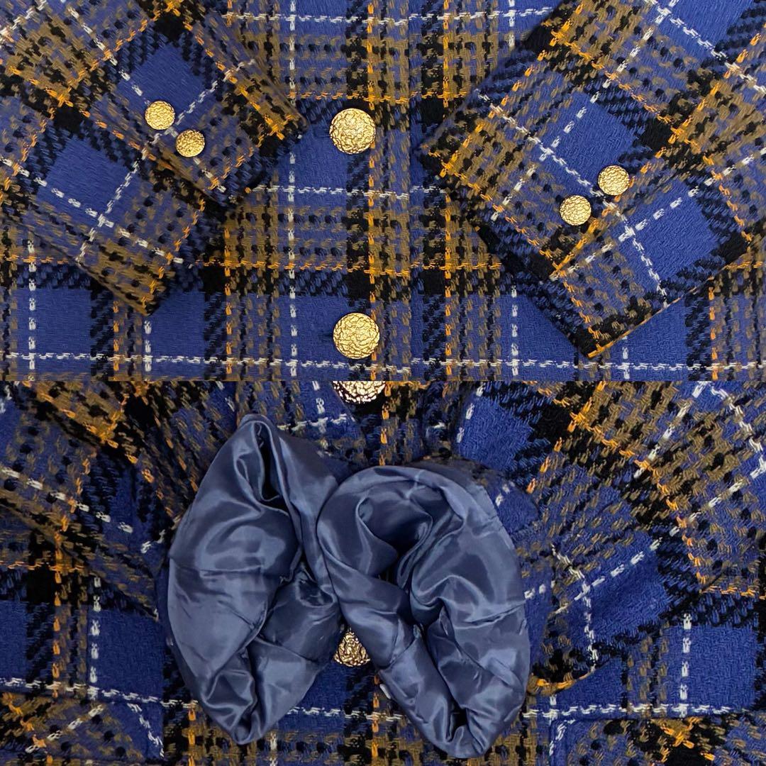 Showa Retro Bubbly Jacket & Skirt Tweed Tartan Gold Button No. 15