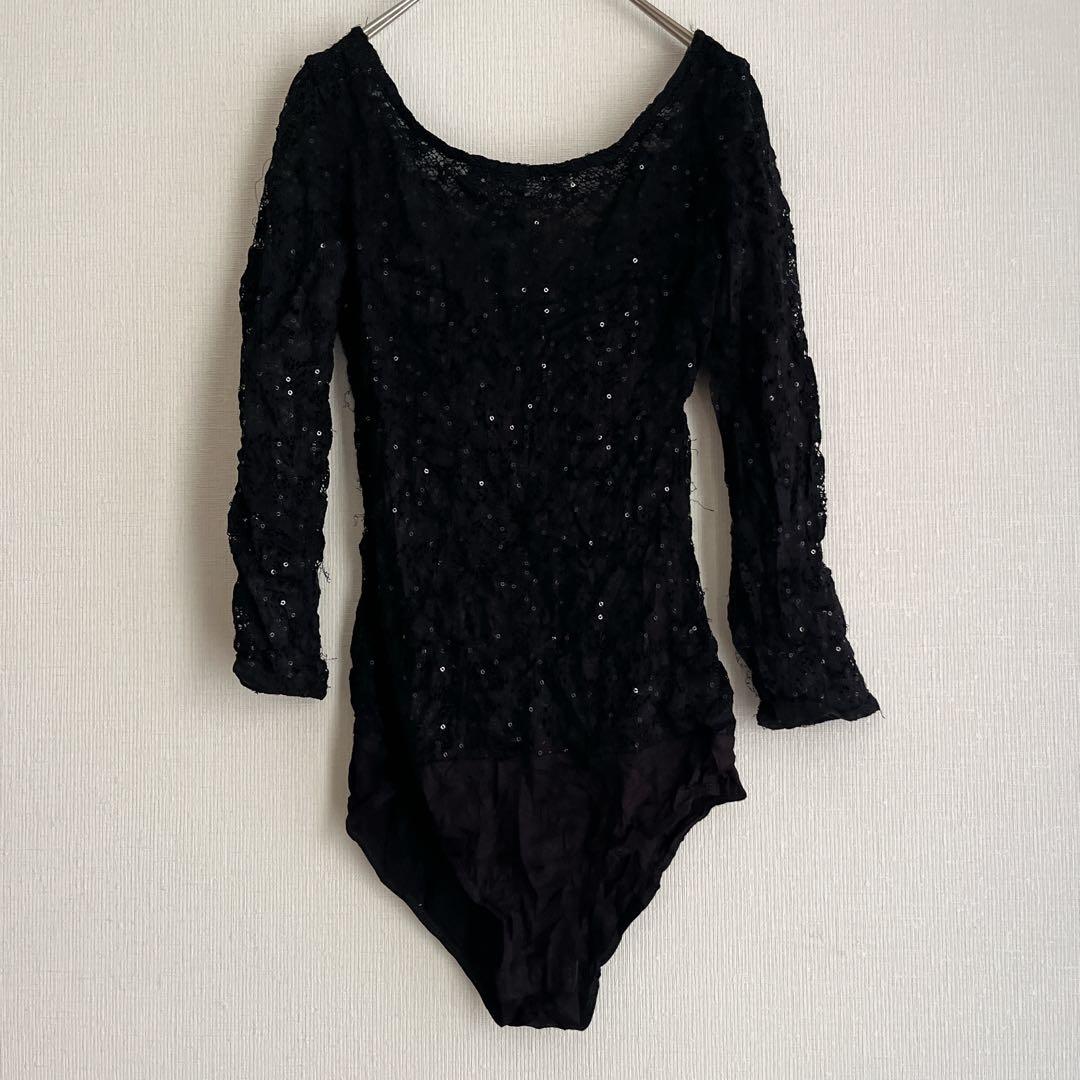Black glitter long sleeve leotard for women