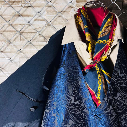 Luxurious 5-piece set suit setup paisley vest scarf navy blue M wedding