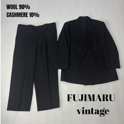 [vintage] Double breasted setup black striped cashmere blend M