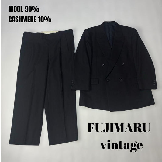 [vintage] Double breasted setup black striped cashmere blend M