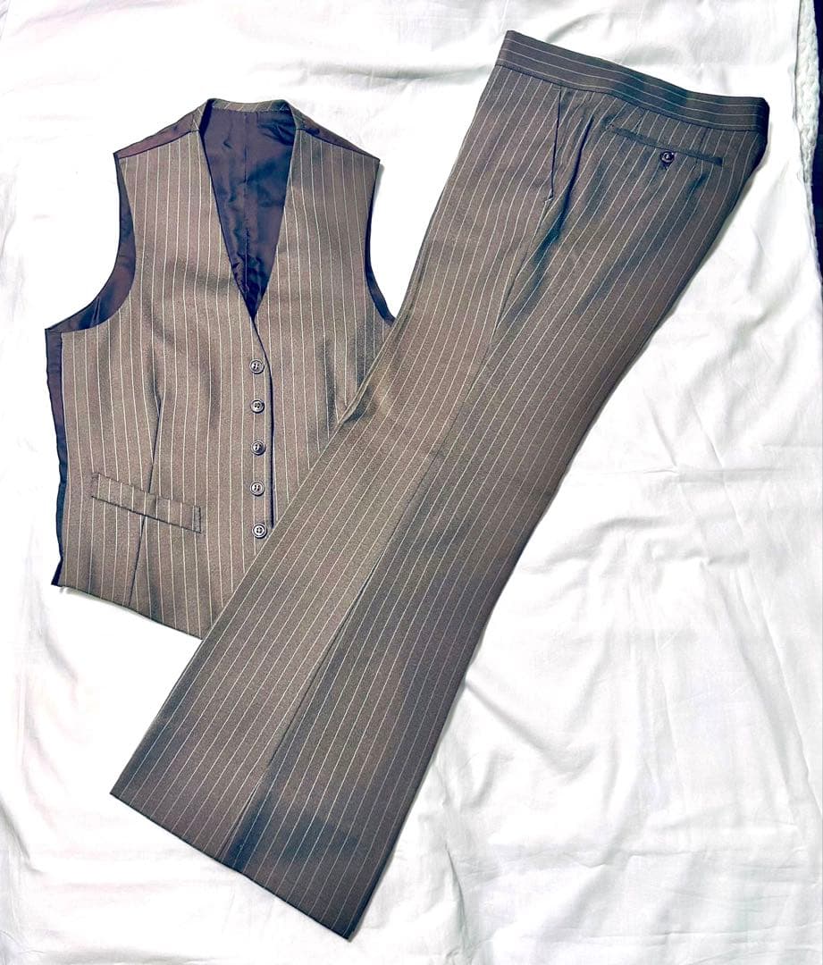 [Vintage] Three-piece setup single suit brown stripe L, M