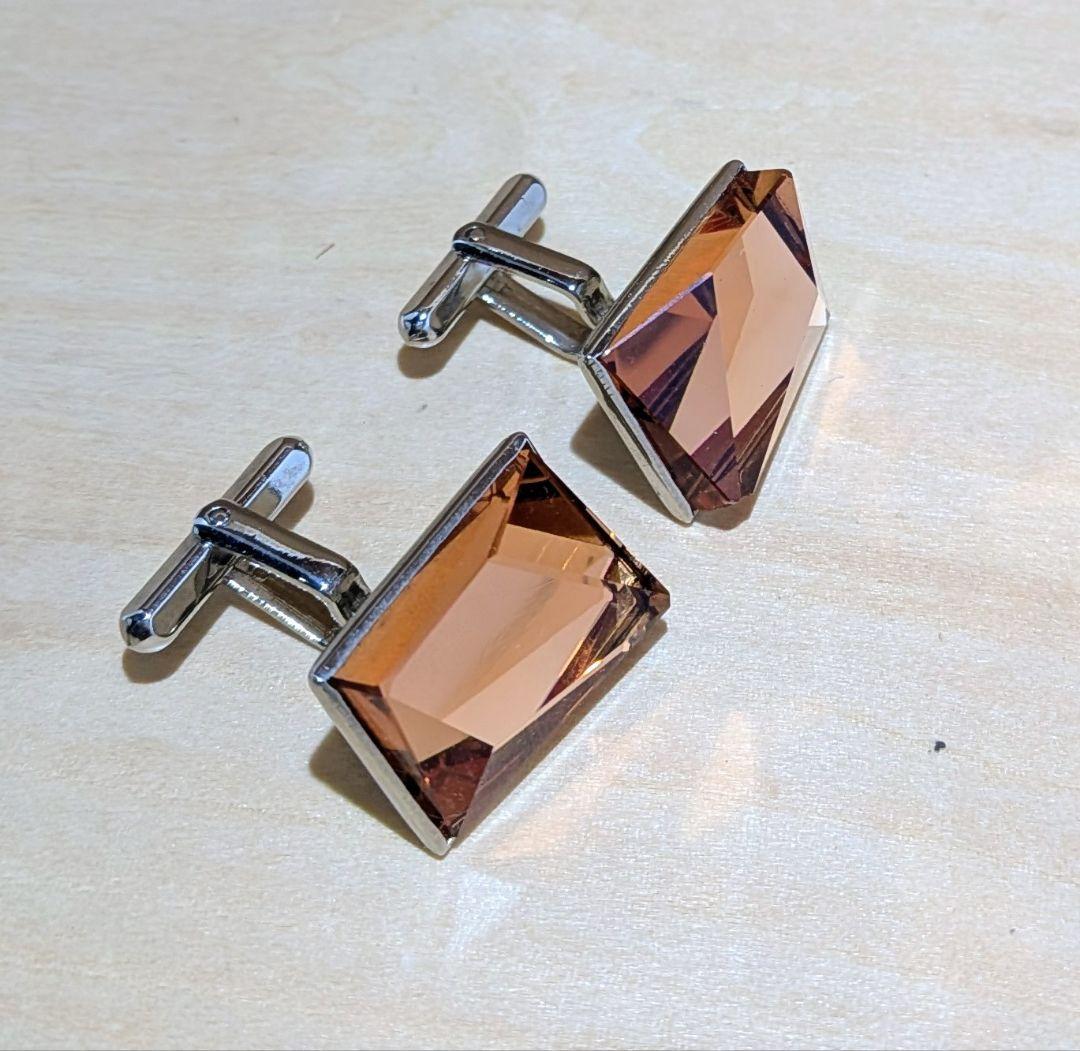 [Showa Retro] Cufflinks PAT. Engraved Amber Color Square Cut