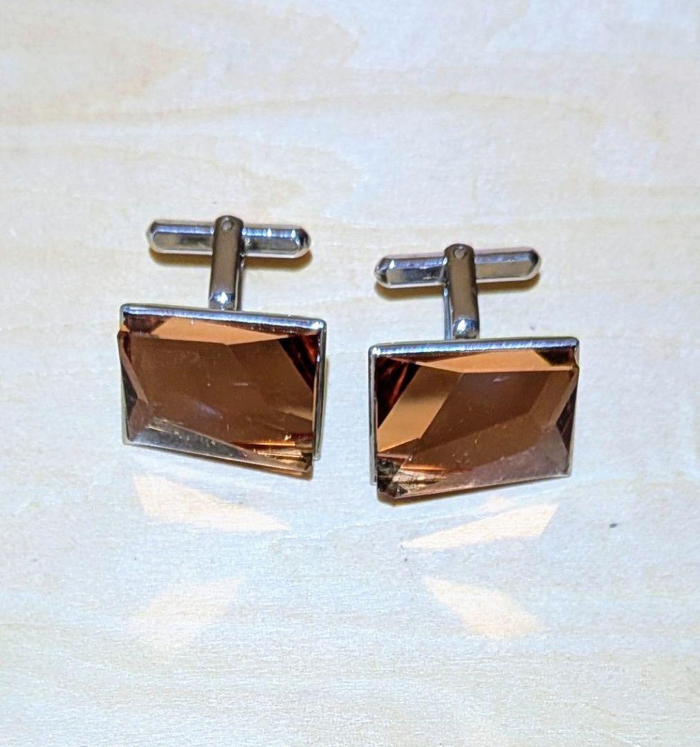 [Showa Retro] Cufflinks PAT. Engraved Amber Color Square Cut