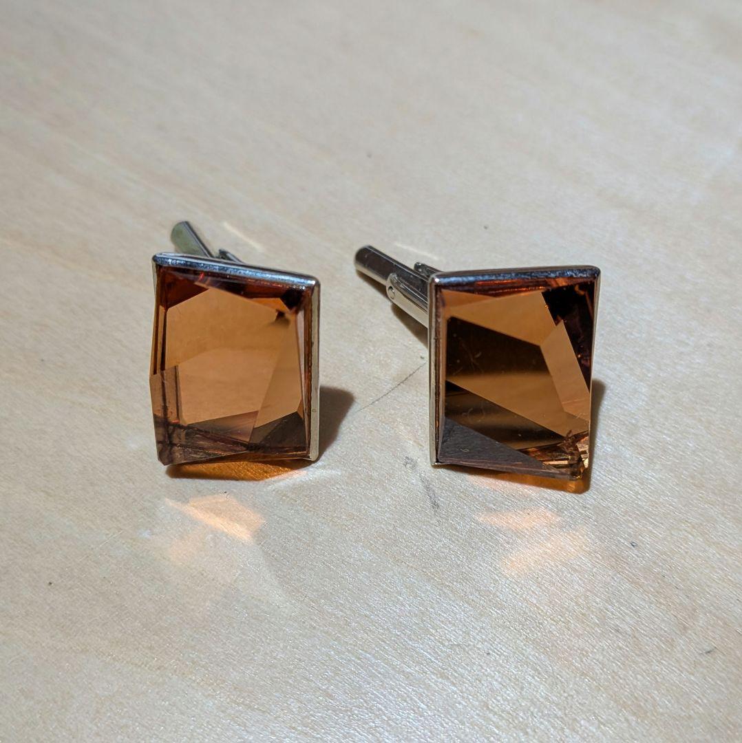 [Showa Retro] Cufflinks PAT. Engraved Amber Color Square Cut