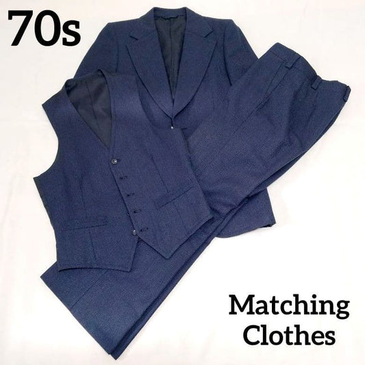 [70s] Vintage three-piece flare suit navy retro super rare!