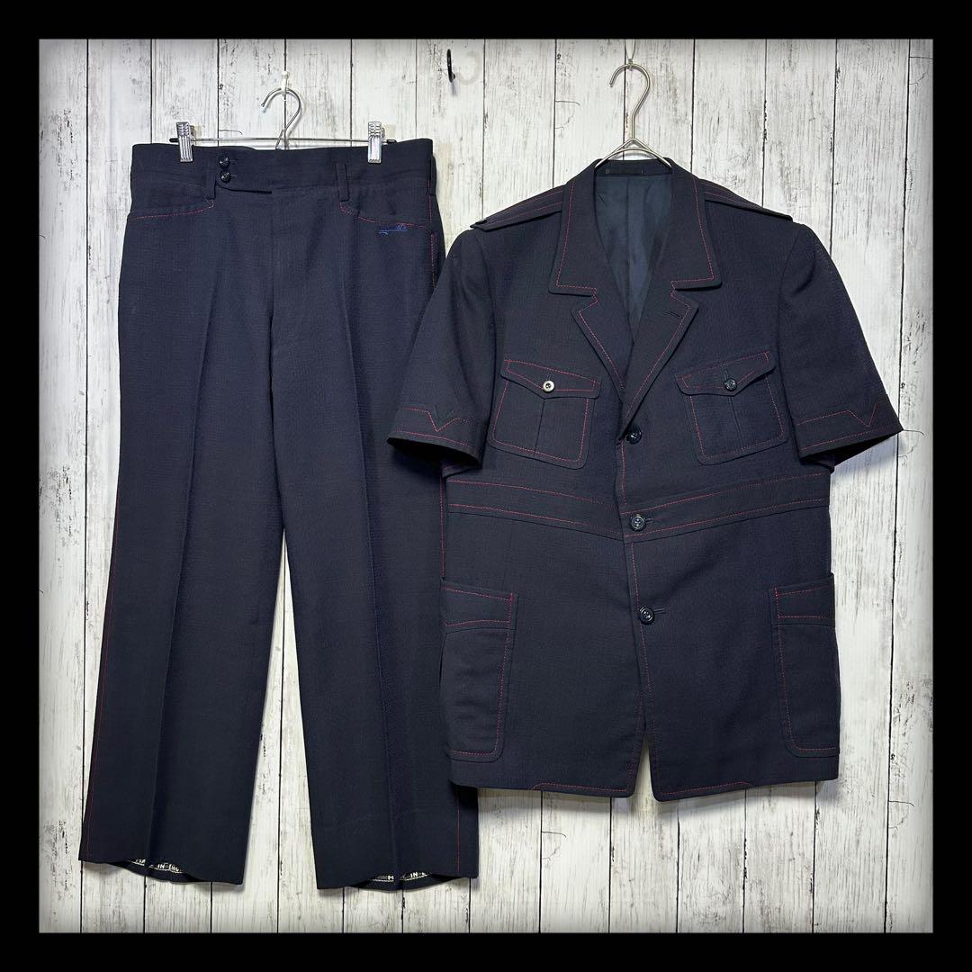 [VINTAGE☆Short sleeve suit☆Setup] Rare☆Navy☆Side vents M equivalent