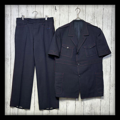 [VINTAGE☆Short sleeve suit☆Setup] Rare☆Navy☆Side vents M equivalent
