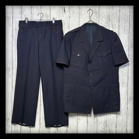 [VINTAGE☆Short sleeve suit☆Setup] Rare☆Navy☆Side vents M equivalent