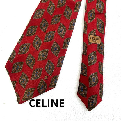 CELINE PARIS 100% Silk Tie All Over Pattern Paisley Red
