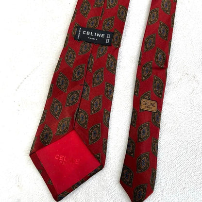 CELINE PARIS 100% Silk Tie All Over Pattern Paisley Red