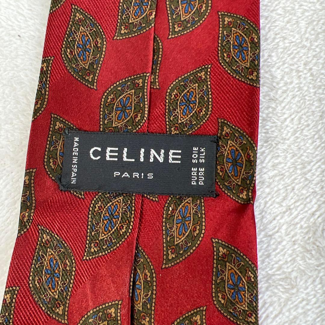CELINE PARIS 100% Silk Tie All Over Pattern Paisley Red