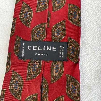 CELINE PARIS 100% Silk Tie All Over Pattern Paisley Red