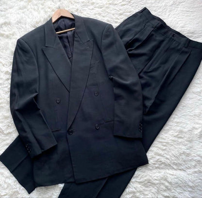 Rare XL★Vintage double suit setup silk blend Masaki Suda dark green