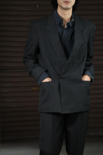 90s 2 Piece Setup Suit Double 2 Tuck Pinstripe Charcoal